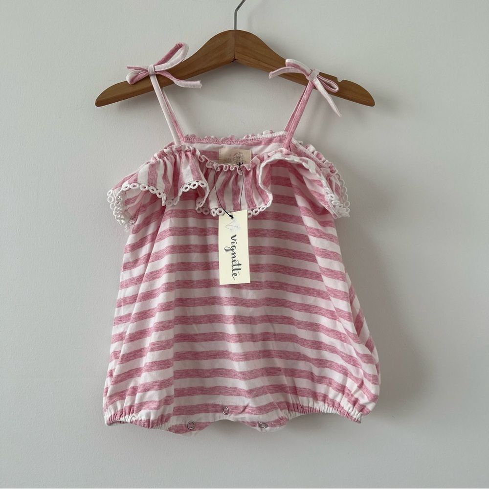 NWT Vignette pink Stripped Bubble 6-12m boutique baby girl bows eyelet